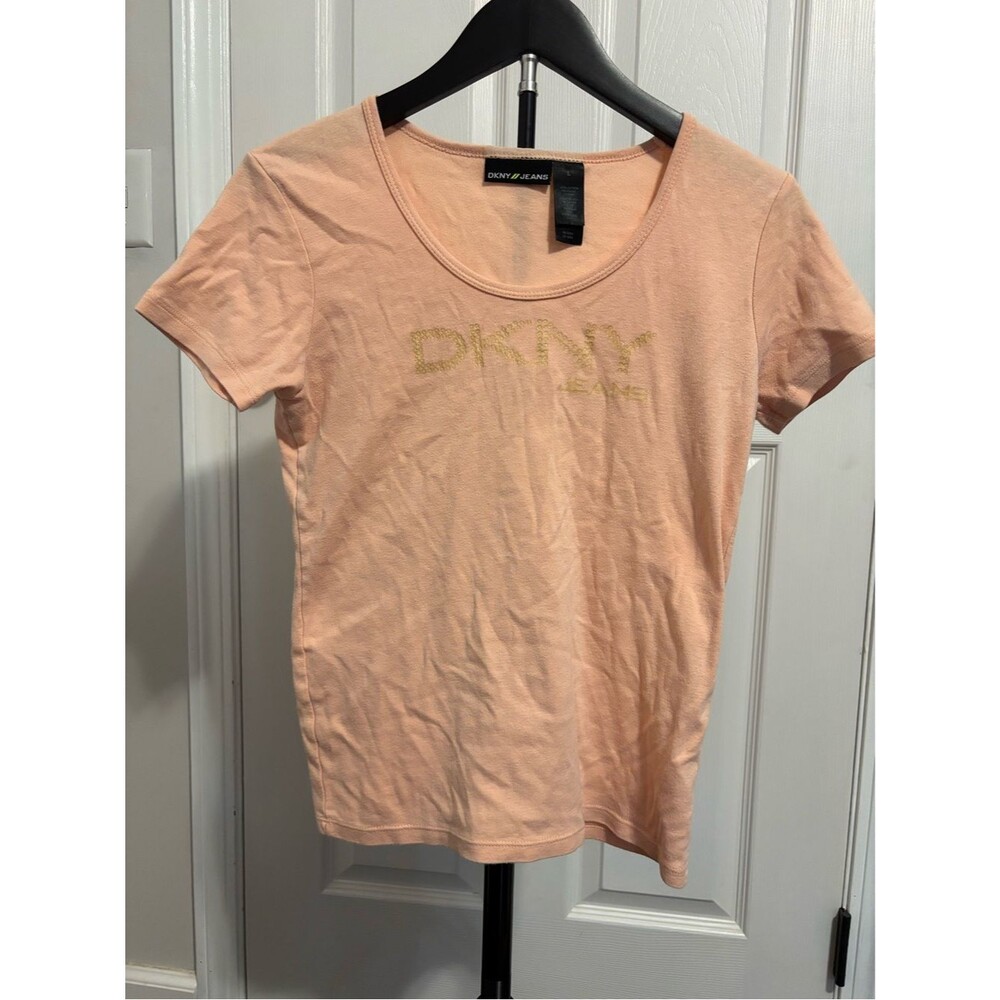 DKNY Women's Peach Logo Short Sleeve Tee L